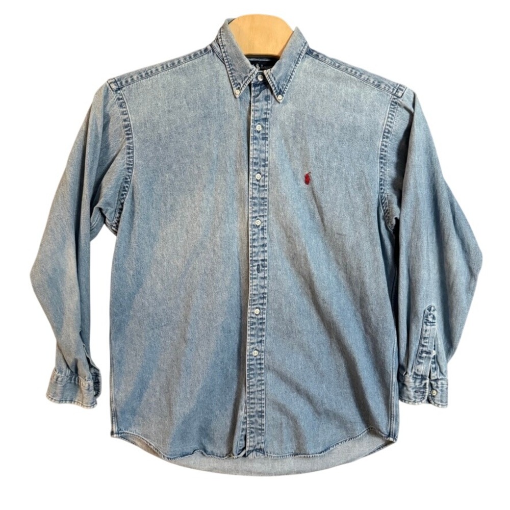 Ralph Lauren Blaire Mens Large Light Wash Denim Button Down Shirt Cotton Blue